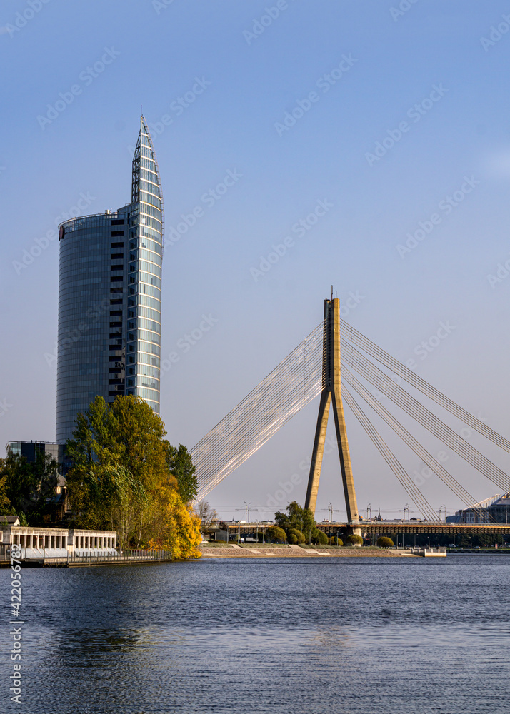 Obraz premium A cable-stayed bridge over the Daugava River in Riga, Latvia, 22 September 2020.