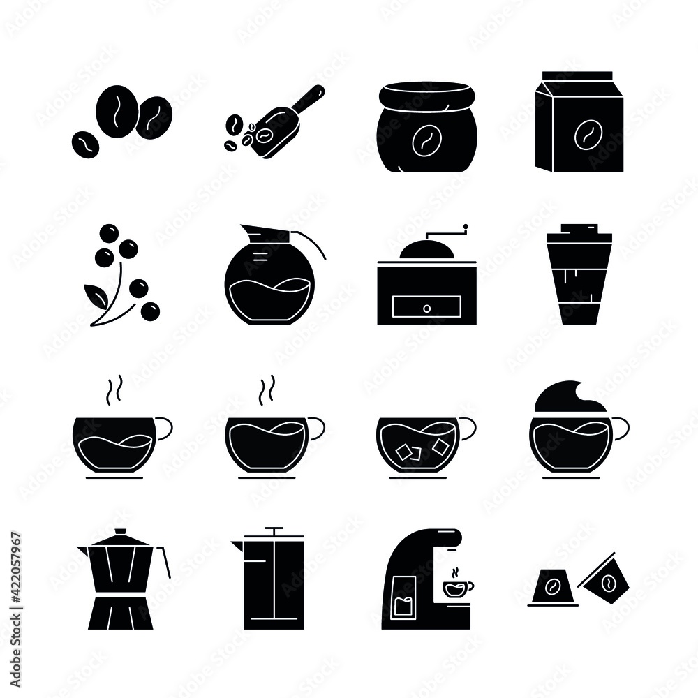 Coffee Vector Icon Set of 16 in minimalist Black Shape style | Black Icons isolated on white background