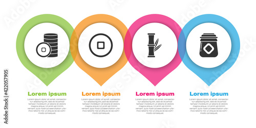 Set Chinese Yuan currency, Chinese Yuan currency, Bamboo and Jar of honey. Business infographic template. Vector