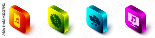 Set Isometric Music player, Vinyl disk, Music streaming service and Musical note in speech bubble icon. Vector
