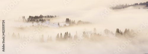 Mist on mountain hills panoramic view, banner.
