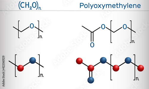 Polyoxymethylene, POM, acetal, polyacetal, polyformaldehyde molecule. It is synthetic polymer, engineering thermoplastic. Structural chemical formula and molecule model photo