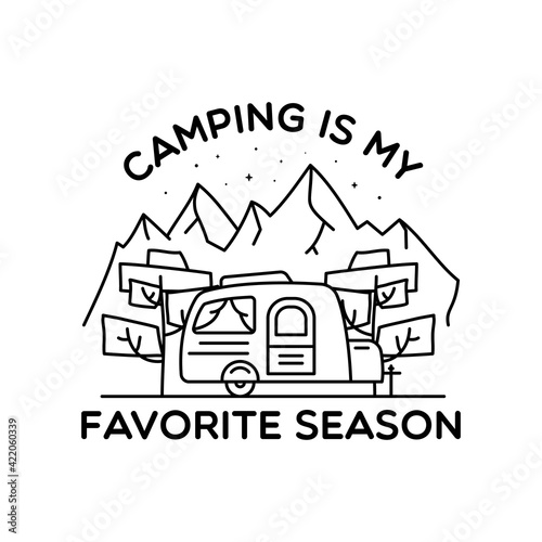 Camping line art logo design. Vintage adventure linear badge design. Outdoor crest label with mountains and RV trailer. Travel silhouette emblem isolated. Stock vector isolated