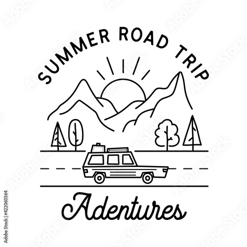 Camping line art logo design. Vintage adventure linear badge design. Outdoor crest label with mountains and car. Travel silhouette emblem isolated. Stock vector isolated