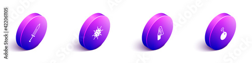 Set Isometric Sword, Naval mine, Cocktail molotov and Bomb ready explode icon. Vector