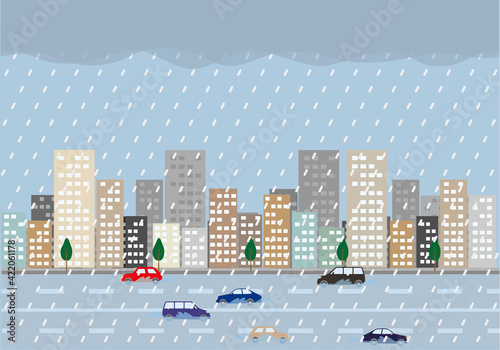 大雨で道路が冠水している街のイラスト