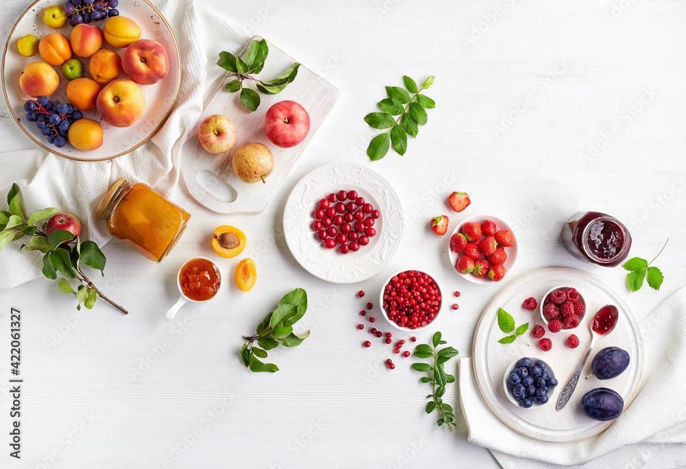 Composition of fresh fruits and berries, top view Composition of fresh fruits and berries, top view