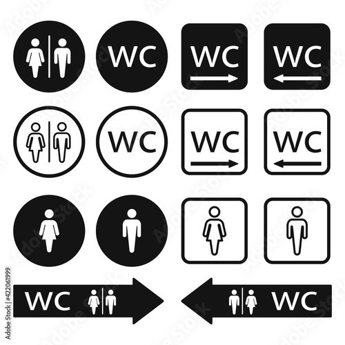 WC Toilet icons set. Men and women WC signs for restroom. WC direction arrow symbol vector illustration.