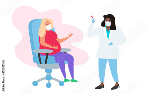 african american doctor giving vaccine to pregnant woman patient safe covid 19 vaccination concept vector illustration
