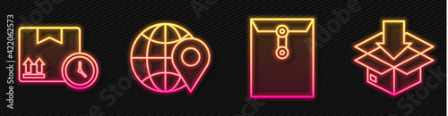 Set line Envelope, Cardboard box and fast time, Location on the globe and Cardboard box with traffic symbol. Glowing neon icon. Vector