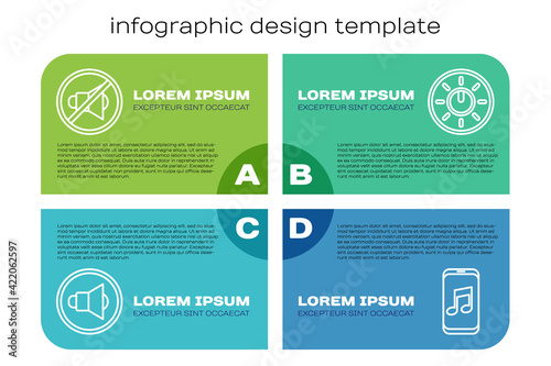 Set line Speaker volume, Speaker mute, Music player and Dial knob level technology settings. Business infographic template. Vector