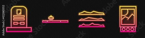 Set line Cocaine or heroin drug, Tombstone with RIP written, Opium pipe and Open matchbox and matches. Glowing neon icon. Vector