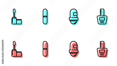 Set line Antiperspirant deodorant roll, Mascara brush, Nail file and polish bottle icon. Vector
