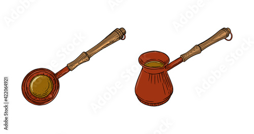 Turkish coffee pot sketch. Set with cezve with arabic coffee isolated in white background. Engraved vector illustration