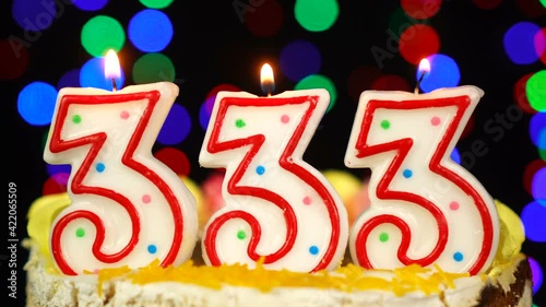 Number 333 Happy Birthday Cake With Burning Candles Topper. photo