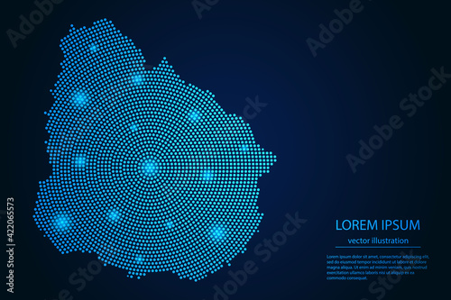 Abstract image Uruguay map from point blue and glowing stars on a dark background. Vector Illustration.