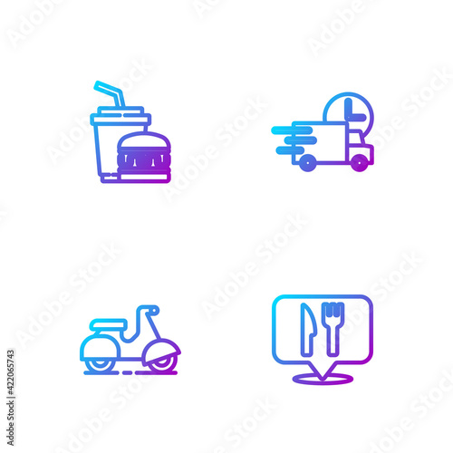 Set line Cafe and restaurant location, Scooter delivery, Paper glass burger and Fast by car. Gradient color icons. Vector