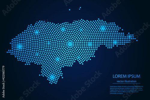 Abstract image Honduras map from point blue and glowing stars on a dark background. Vector Illustration.