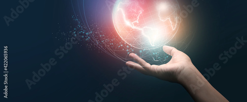 Digital of Virtual Online Global structure networking with digital Brain on Businessman hand in dark background. Technology concepts - Elements of this Image Furnished by NASA.