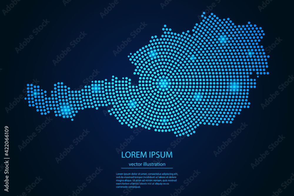 Abstract image Austria map from point blue and glowing stars on a dark background. vector illustration.
