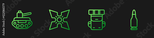 Set line Hiking backpack, Military tank, Japanese ninja shuriken and Bullet. Gradient color icons. Vector photo