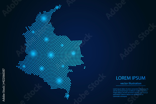 Abstract image Colombia map from point blue and glowing stars on a dark background. Vector Illustration.