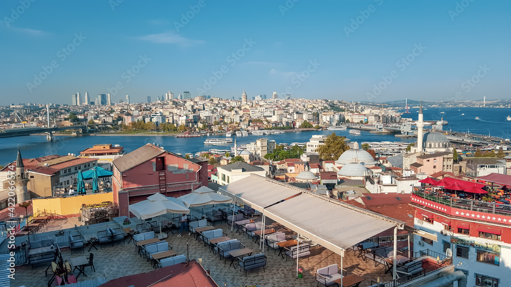 Panoramic view of the Golden Horn, the Bosphorus and the European part of Istanbul. Turkey