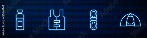 Set line Climber rope, Bottle of water, Life jacket and Tourist tent. Glowing neon icon on brick wall. Vector