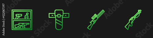 Set line Hunting gun, shop weapon, Knife holster and . Gradient color icons. Vector
