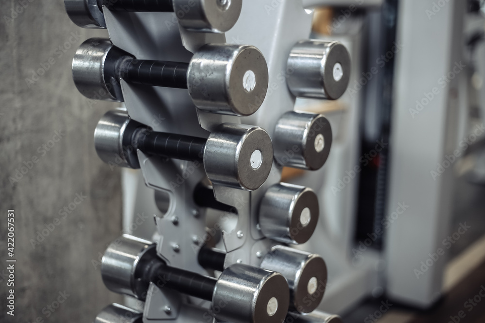 Rack with metal dumbbells in the gym. Dumbbell set
