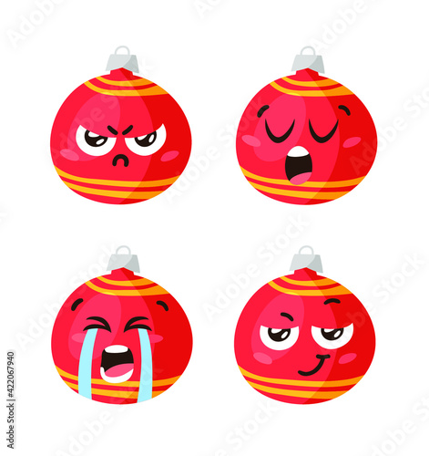 Hand drawn Christmas Emoji Ball on white background. Creative flat art. Actual vector drawing decorations toy. Cartoon Character Emoticon