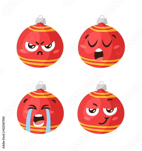 Hand drawn Christmas Emoji Ball Toy on white background. Creative flat art work. Actual vector drawing decorations. Cartoon Character Emoticon