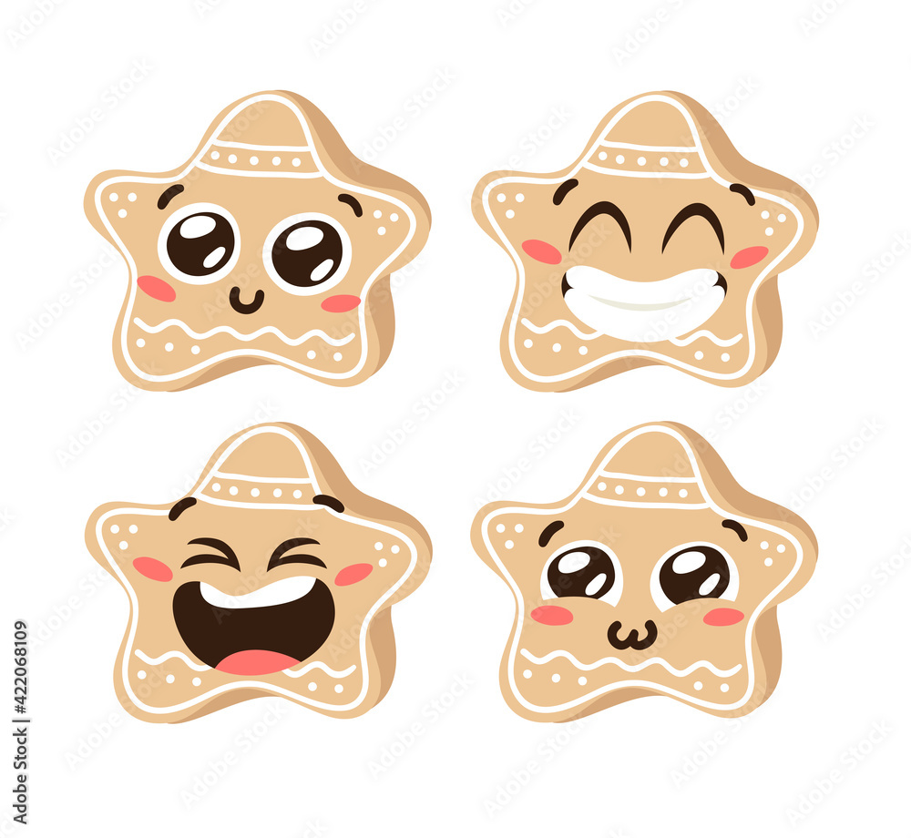 Hand drawn Christmas Emoji Gingerbread Cookie Star on white background. Creative flat art work. Actual vector drawing decorations. Cartoon Character Emoticon