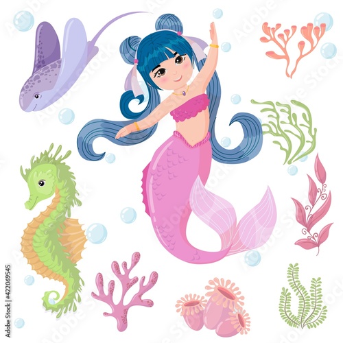 Cute cartoon mermaid with dark hair and Pink tail. Marine animals and algae. A magical creature. Vector illustration isolated on white background.