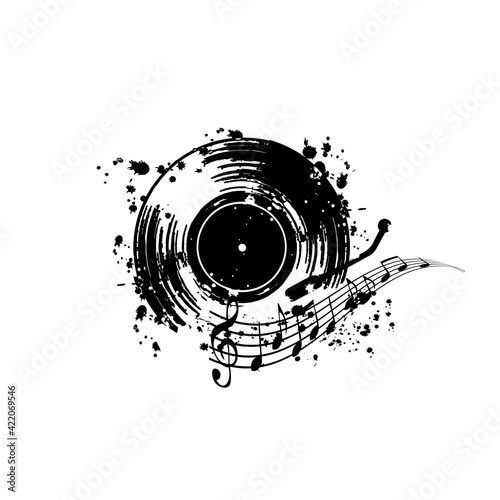 musical promotional poster with vinyl record disc and musical notes isolated vector illustration. Artistic background for concerts, music festivals, shows, events, party flyer