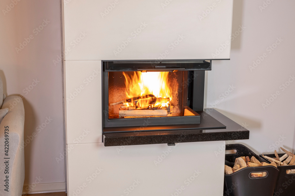 Beautiful view of interior of modern living room. View of burning wood in fireplace. Beautiful backgrounds. Beautiful view of interior of modern living room. View of burning wood in fireplace. Beautiful backgrounds.