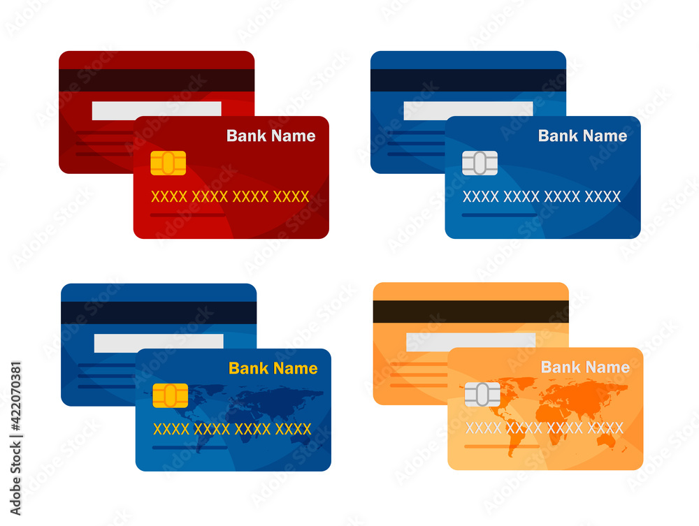 Set of vector credit card front and back view. Bank cards template. Online payment. Cash withdrawal. Set of vector credit card front and back view. Bank cards template. Online payment. Cash withdrawal.
