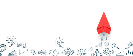 Red paper plane and business strategy on white background, Business success, innovation and solution concept, copy space