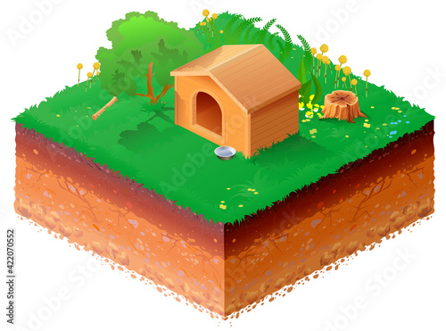 Wooden doghouse on green grass isometric 3d illustration