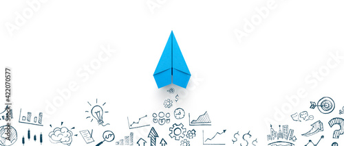 Blue paper plane and business strategy on white background, Business success, innovation and solution concept