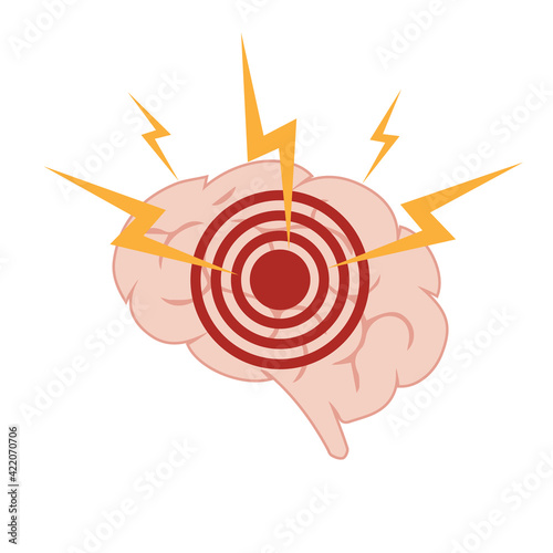 The concept of headache and migraine. A silhouette of the human brain with pain localization. Brain disease. Vector illustration