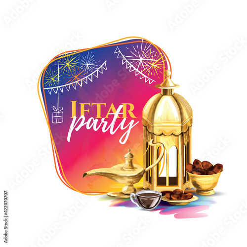 vector illustration. vector hand drawn graphics Iftar party celebration. Traditional subjects. the Muslim feast of the holy month of Ramadan Kareem. Translation from Arabic: Generous Ramadan