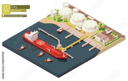 Vector isometric cargo port oil depot with tanker ship. Tanker loading oil at crude oil trading terminal. Vessel bunkering at oil storage