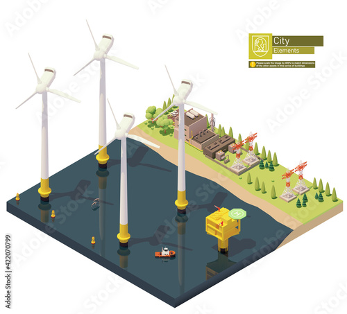 Vector offshore wind turbines power plant infrastructure. Includes offshore wind farm, transformer station, power lines and power station