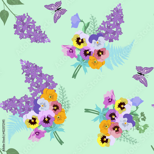 Seamless vector spring illustration with bouquet pansies  lilac and butterflies.