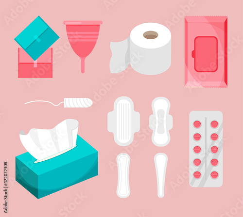Set of feminine hygiene products in trendy flat style. Monthly period stuff. Sanitary pads, tampons, menstrual cups, napkins.