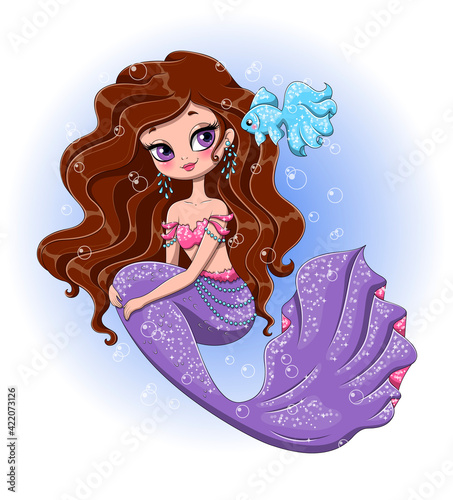 Cute little mermaid with flowing purple tail watching fish swim by