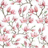 Seamless Vector pattern with blossom brunch of Magnolia. Vector