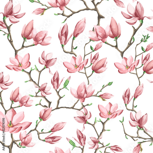 Seamless Vector pattern with blossom brunch of Magnolia. Vector