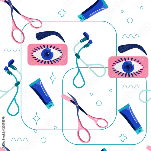 Eyelashes curler and Eyebrow correction seamless pattern.Twisting tweezers or forceps. Application for beauty salon.Shaping.Special device for clipping and cutting. Tube with cream.Vector drawing